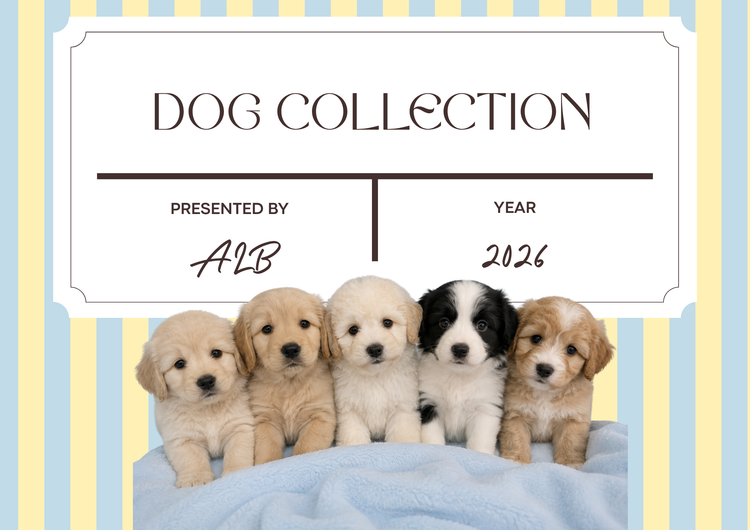 Photo that says “dogs collection” with light blue and yellow stripes and five puppies.