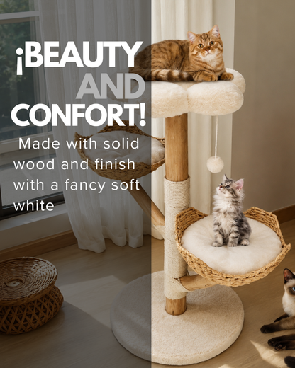 Luxury Wooden Cat Tree Tower with Scratching Post & Plush Beds 🐈‍⬛